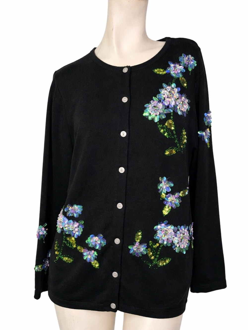 Vintage Quacker Factory XL Black Sequin Floral Cardigan Sweater Embellished